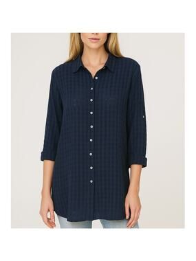 2/$30 J. Jill Check Semi-Sheer Gingham Cotton Shirt Navy Blue Petite Size MP
